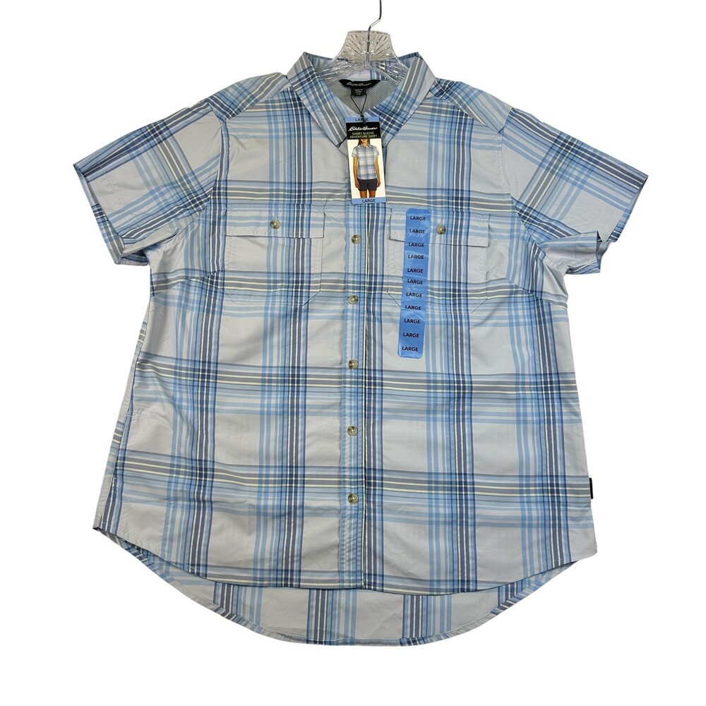 Eddie Bauer Shirt Womens Large Short Sleeve Adventure UPF 50 Plaid Blue